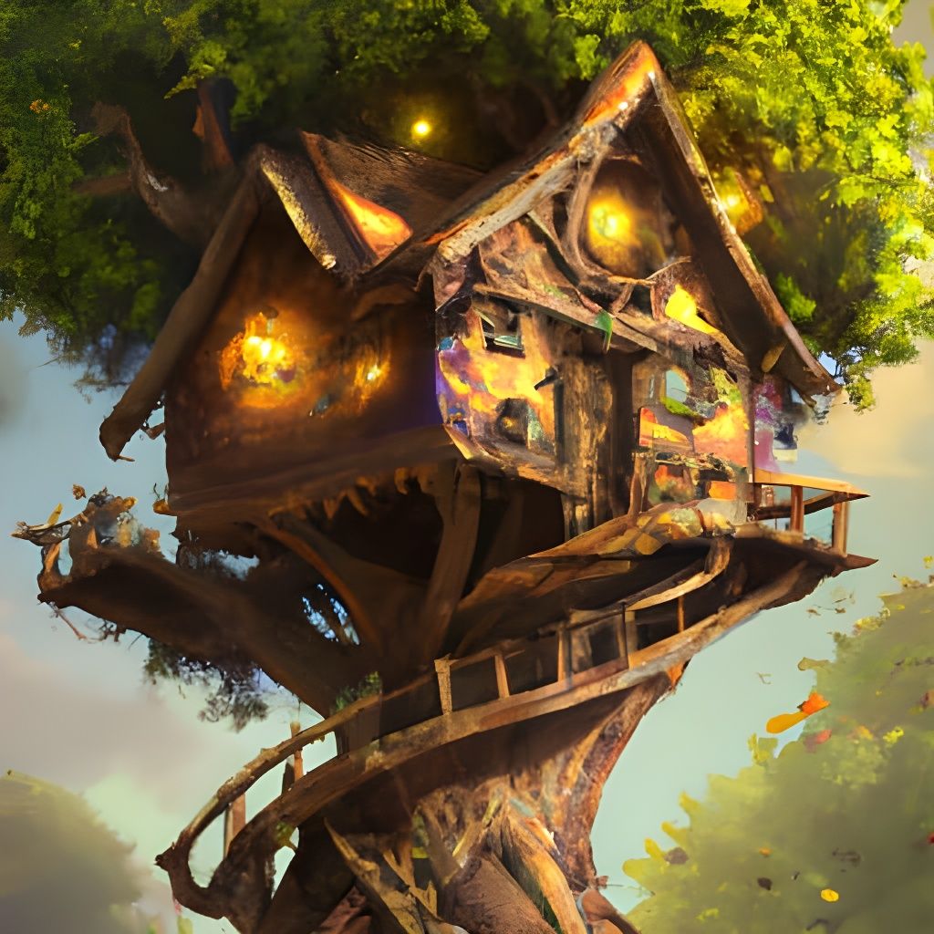 Intricate Treehouse Oil Painting in Nature