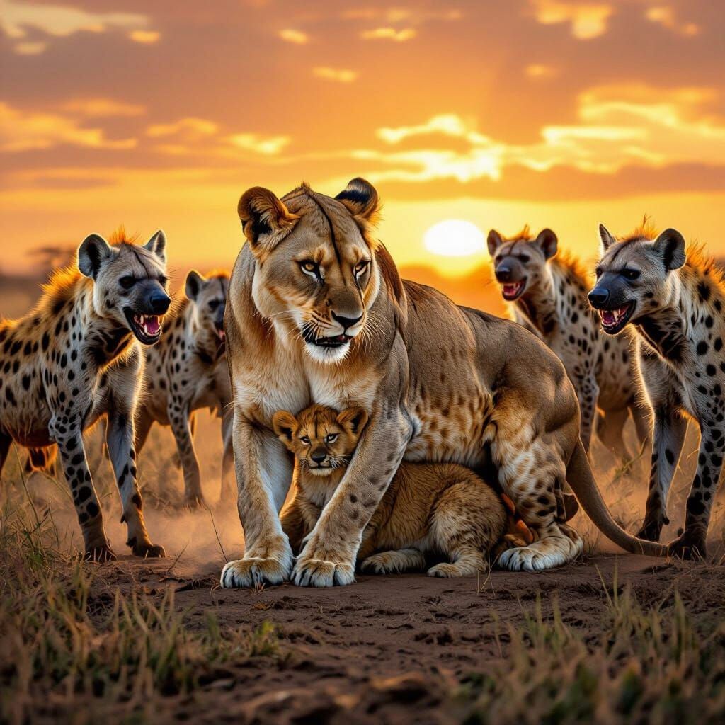 Lioness Defends Cub From Hyenas in Golden Hour Safari
