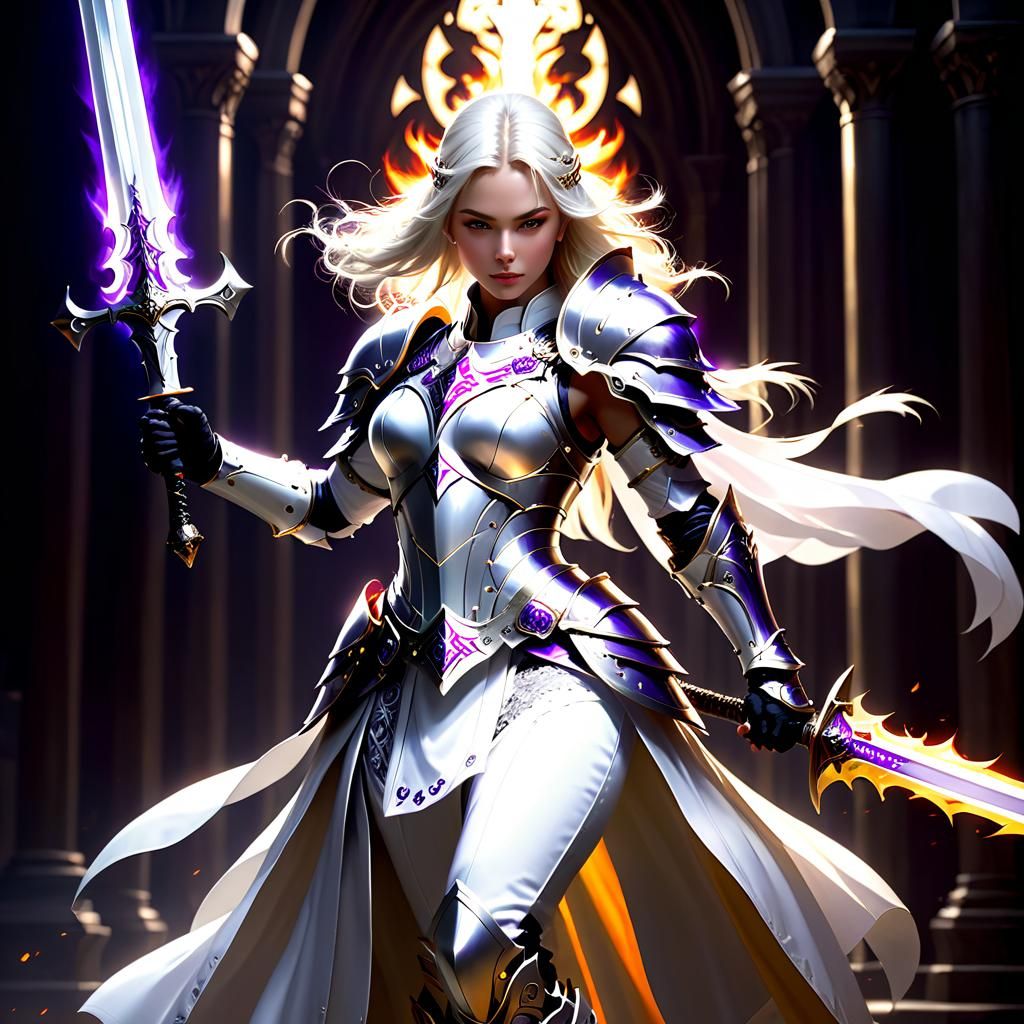 Epic Holy Paladin in White Armor with Glowing Sword