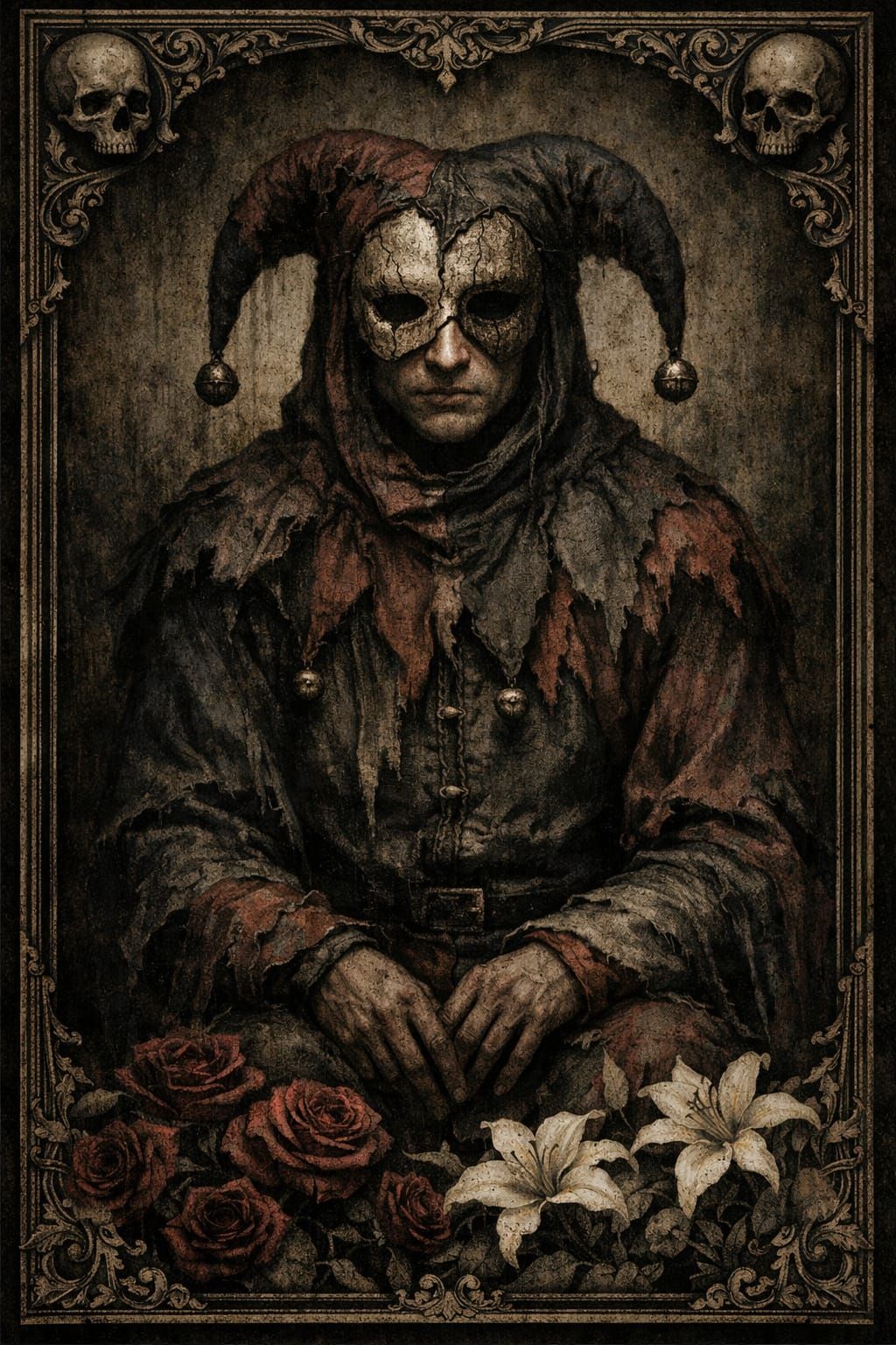 Gothic Tarot Jester Illustration with Skull Frame