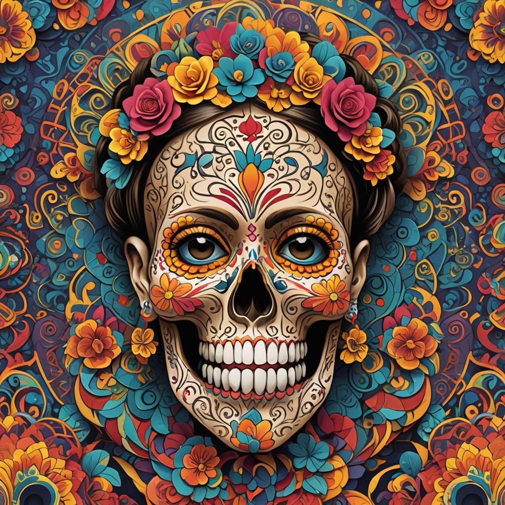 Colorful Mexican Sugar Skull in Frida Kahlo Style