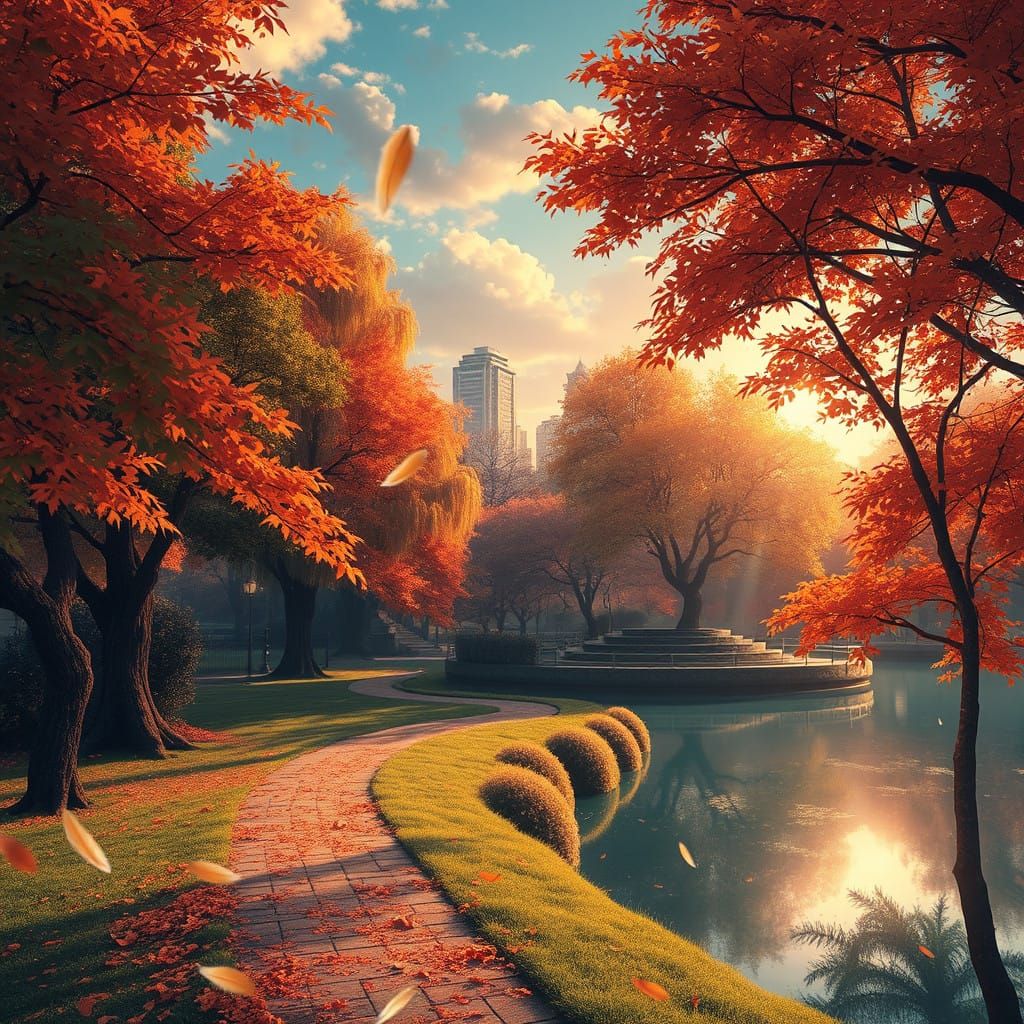Whimsical Autumn Cityscape in Anime Style