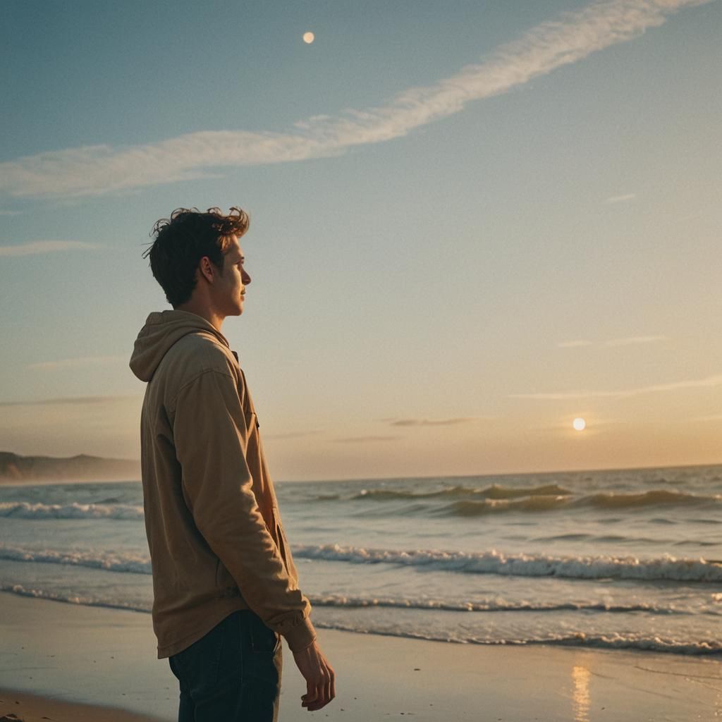 Man on Beach at Sunset in Cinematic Style