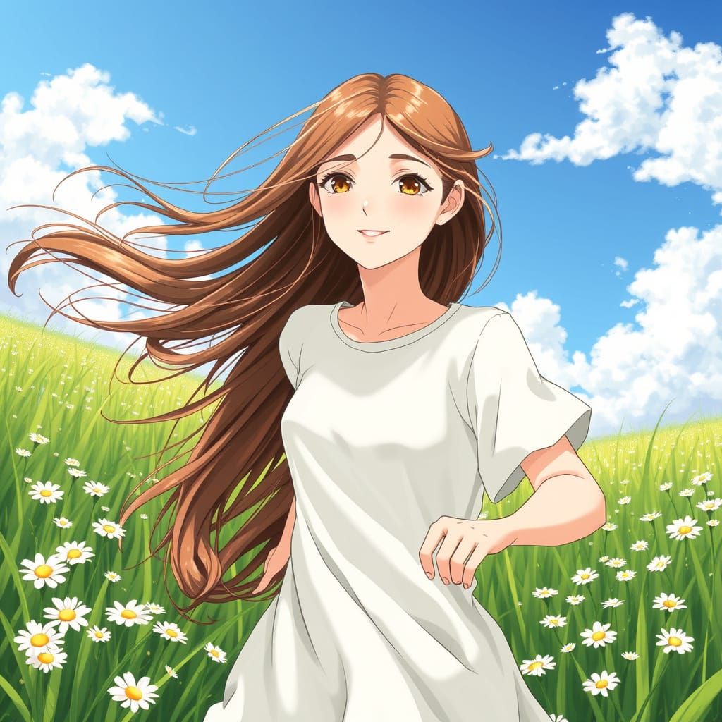 Serene Estonian Woman Runs in Lush Green Meadow in Japanese ...