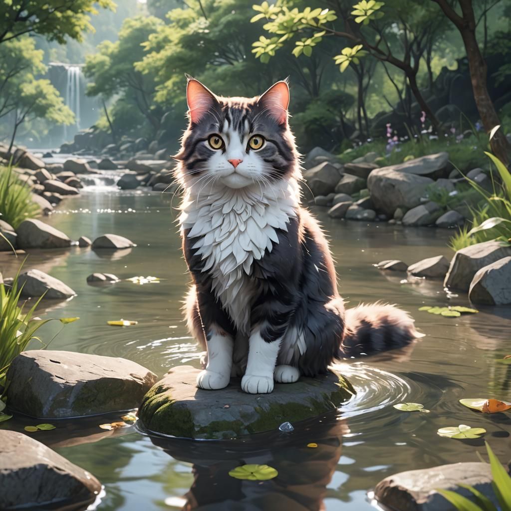 Cute Magical Cat by River in Anime Style