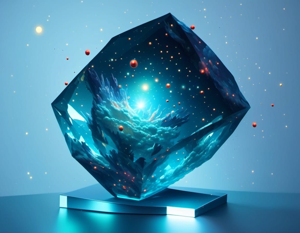 Red Sun in Crystal Box with Neon Glow