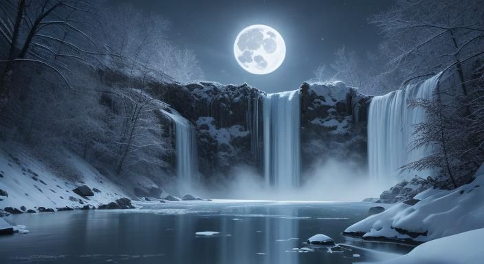 Icy Waterfall Under Full Moon at Night