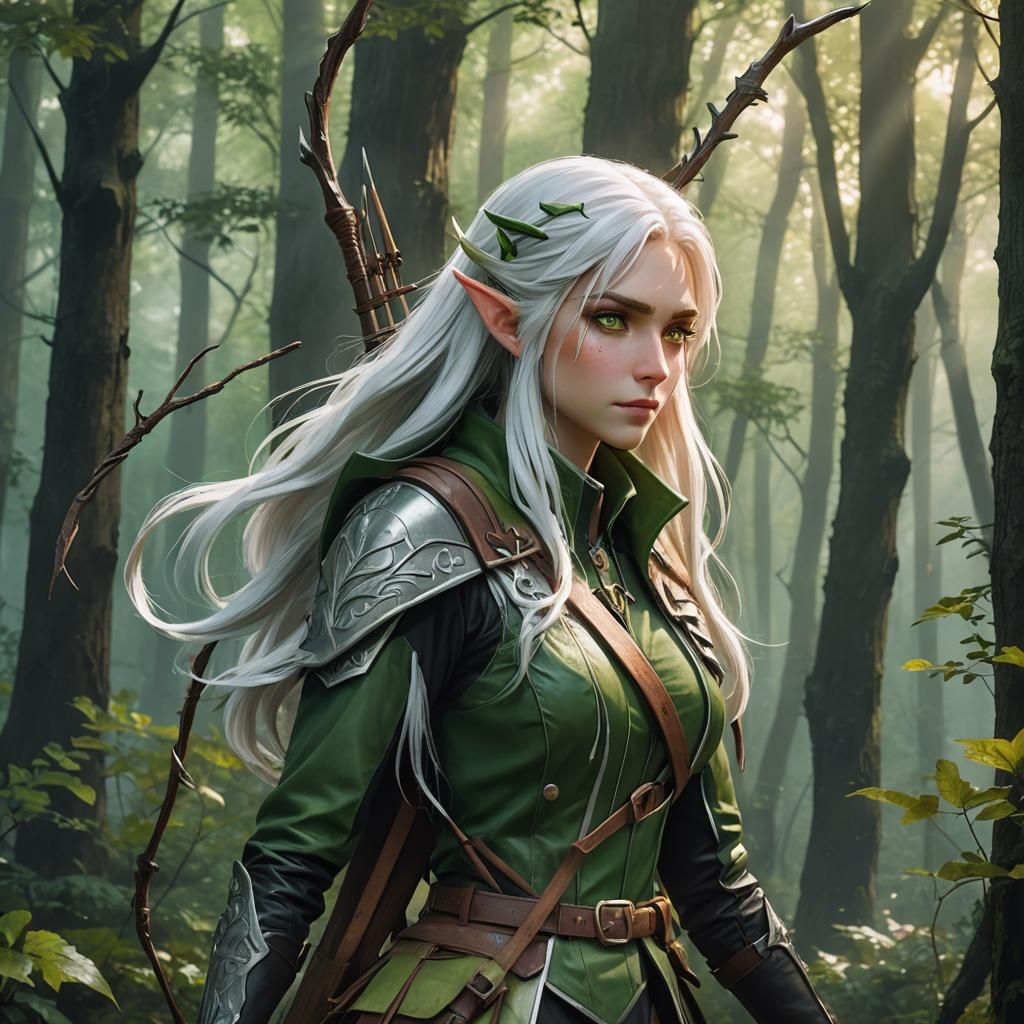 Anime Elf Archer in Misty Forest
