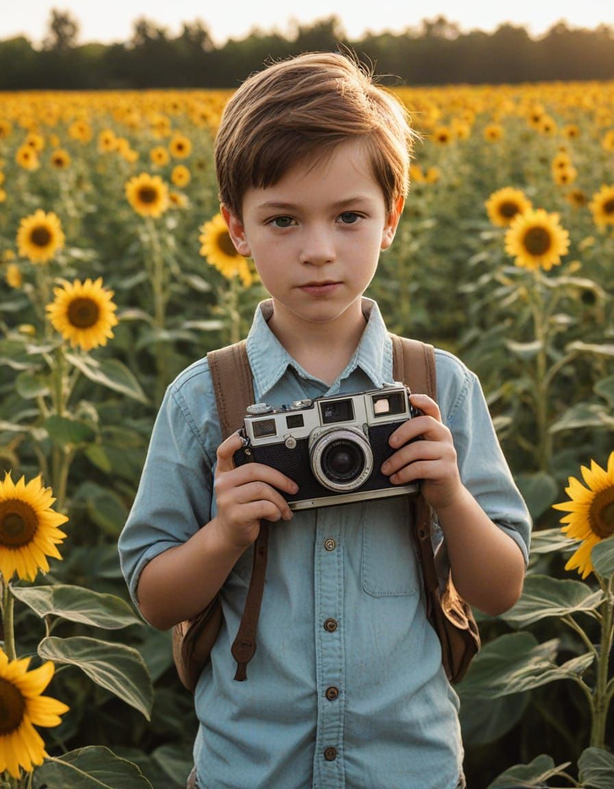 Boy with Camera in Sunflower Field: Photojournalism