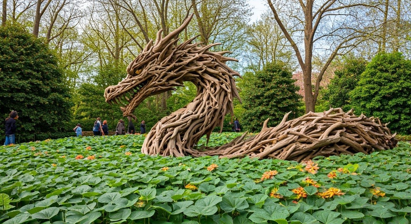 Majestic Driftwood Dragon Emerges from Public Garden