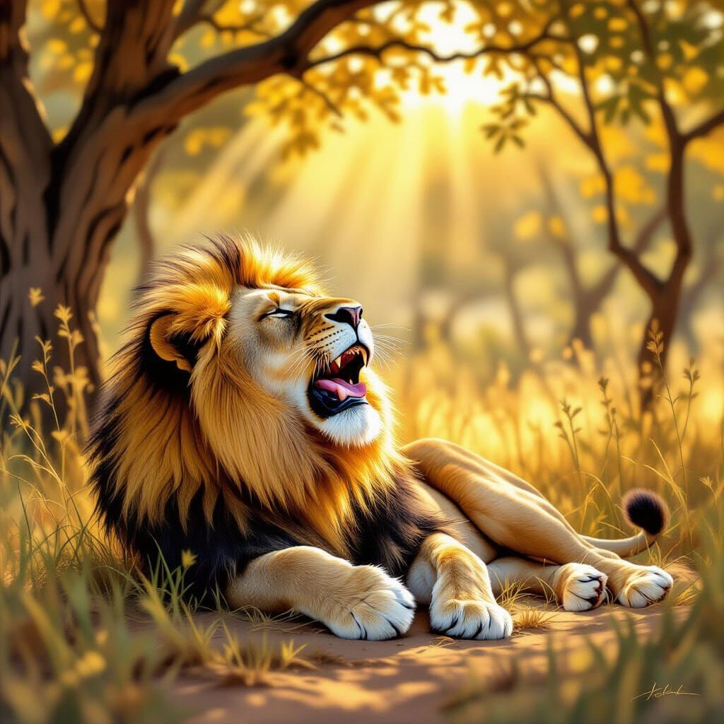 Majestic Lion Yawning in Sun-Dappled Savanna