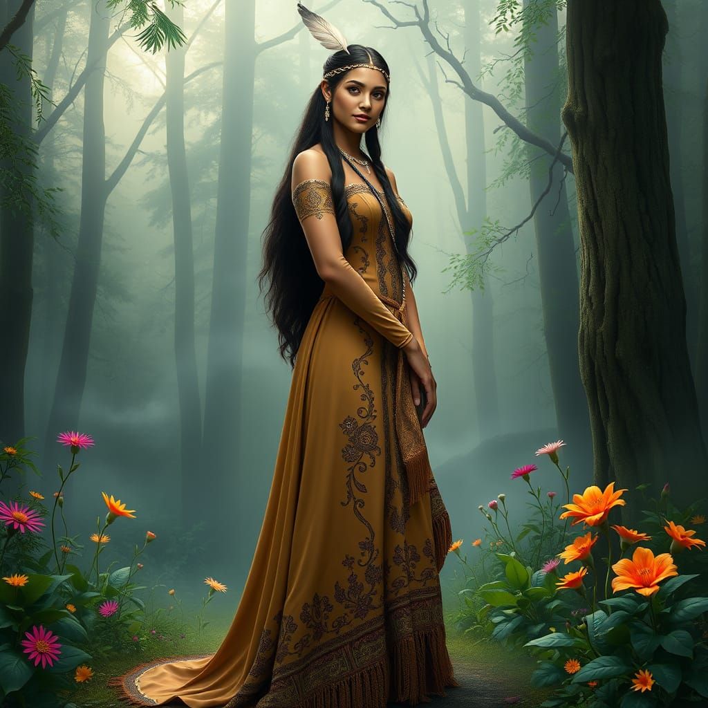Hyperrealistic Pocahontas Portrait in Elegant Deerskin Dress