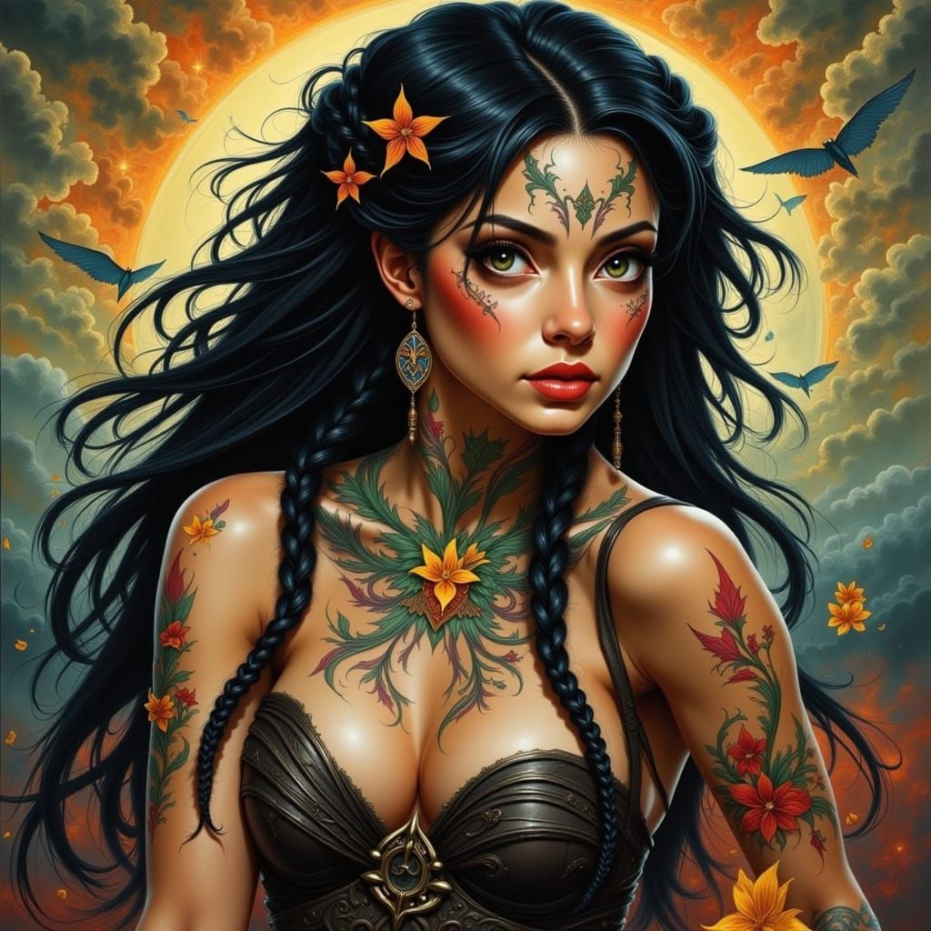 Tattooed Latina Angel with Black Braids