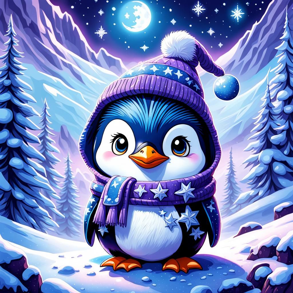 Chibi Penguin in Winter Landscape, Watercolor Comic Art