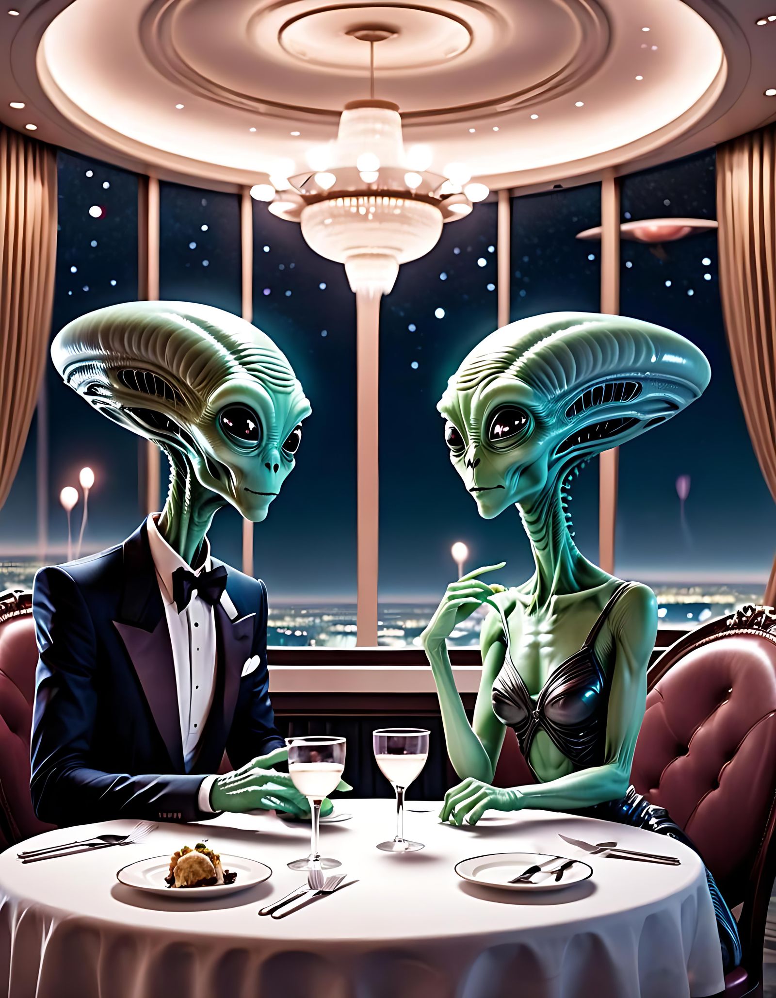 Two aliens on a date in a fancy restaurant.