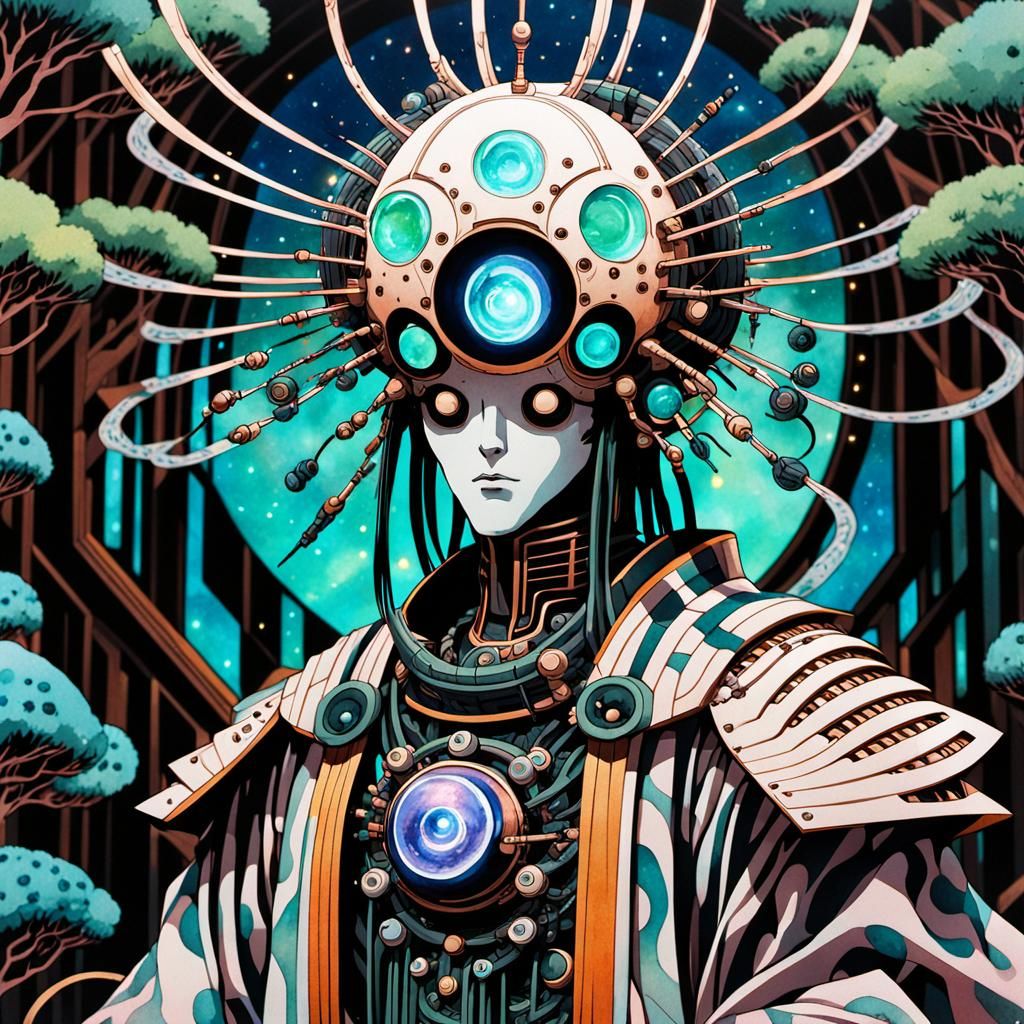 Cyberpunk Deity in Japanese Garden: Retro-Futuristic Anime A...