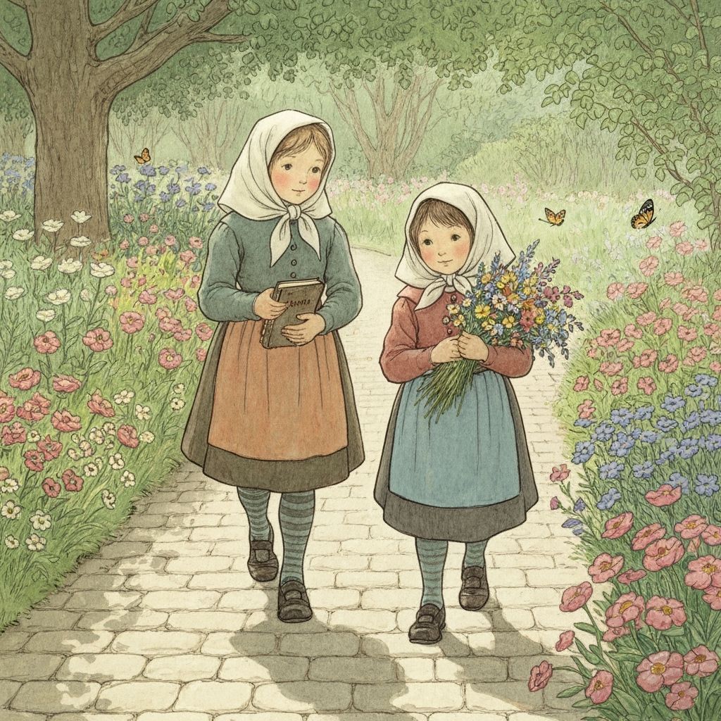 Girls on Flower Path in Children's Illustration Style
