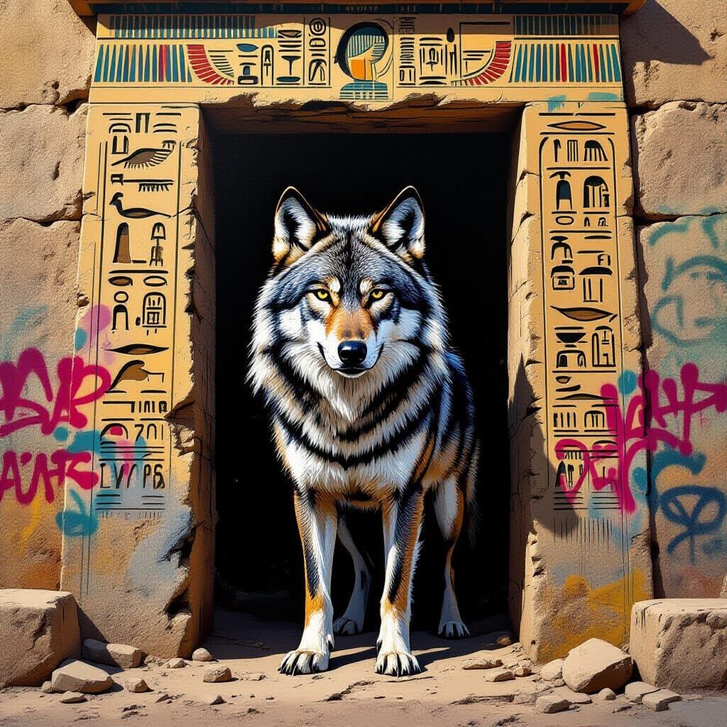 Wolf Guards Egyptian Tomb in Vibrant Spray Paint Street Art ...