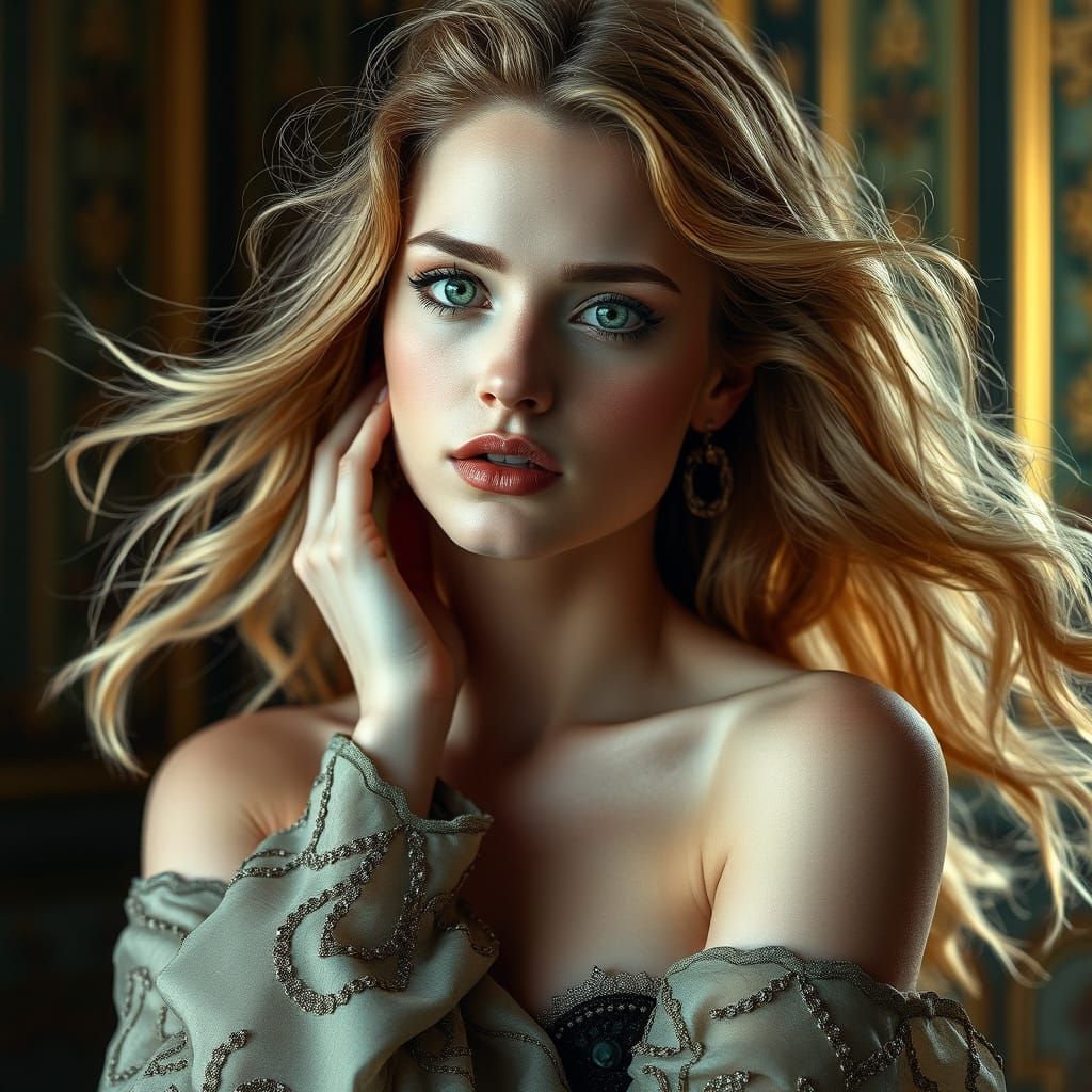 Elegant Female Model in Luxurious High-Fashion Setting