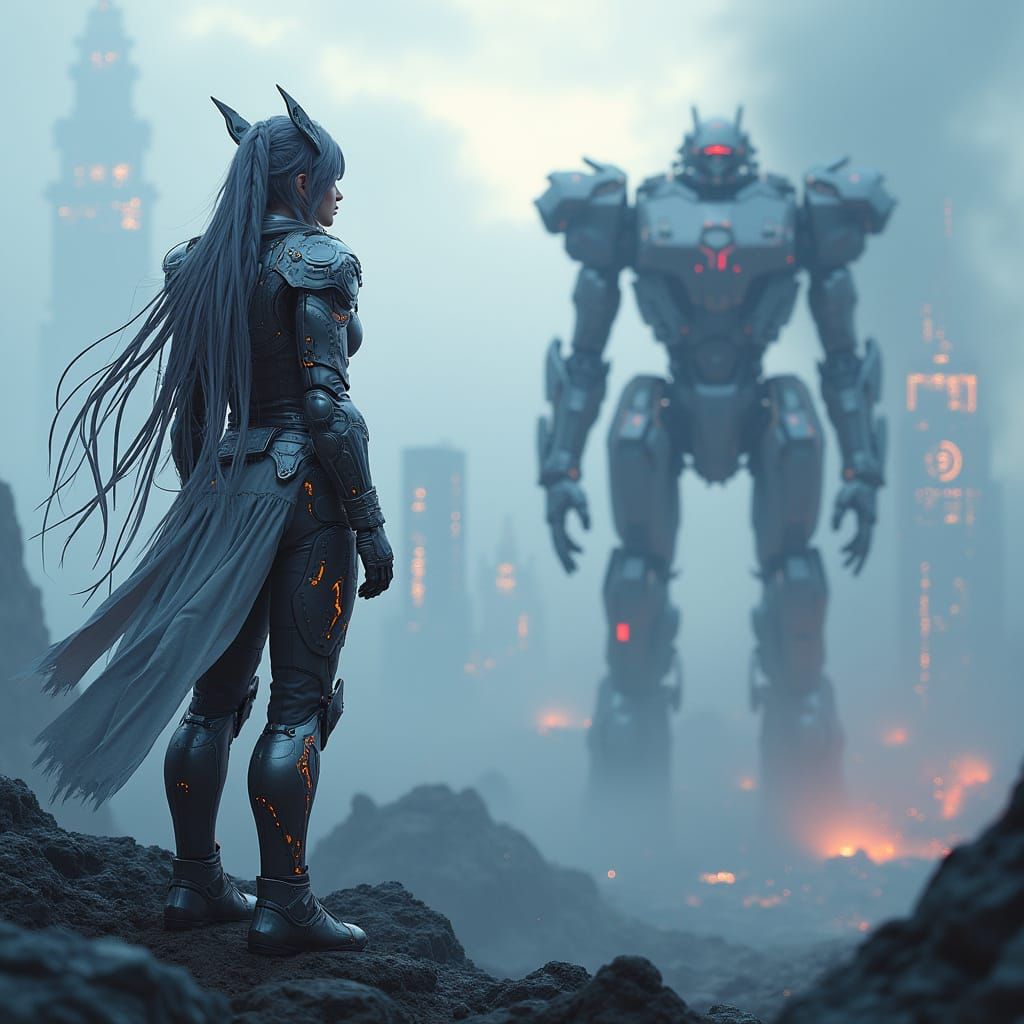 Cybernetic Valkyrie Warrior on Futuristic Battlefield