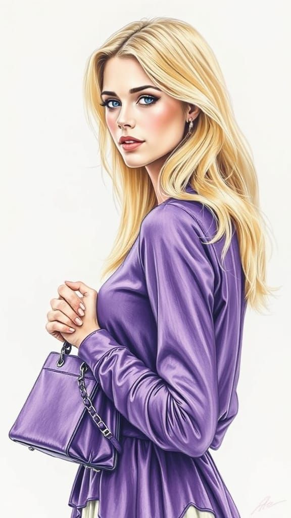 Blonde Woman with Purple Purse in Art Nouveau Style