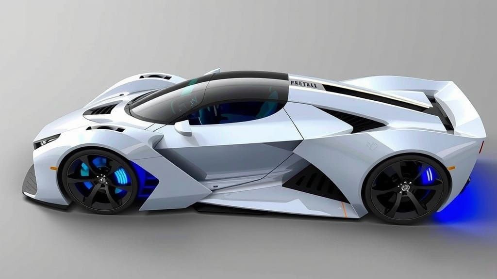 Futuristic Hypercar Speeds Down Winding Mountain Road in Gol...