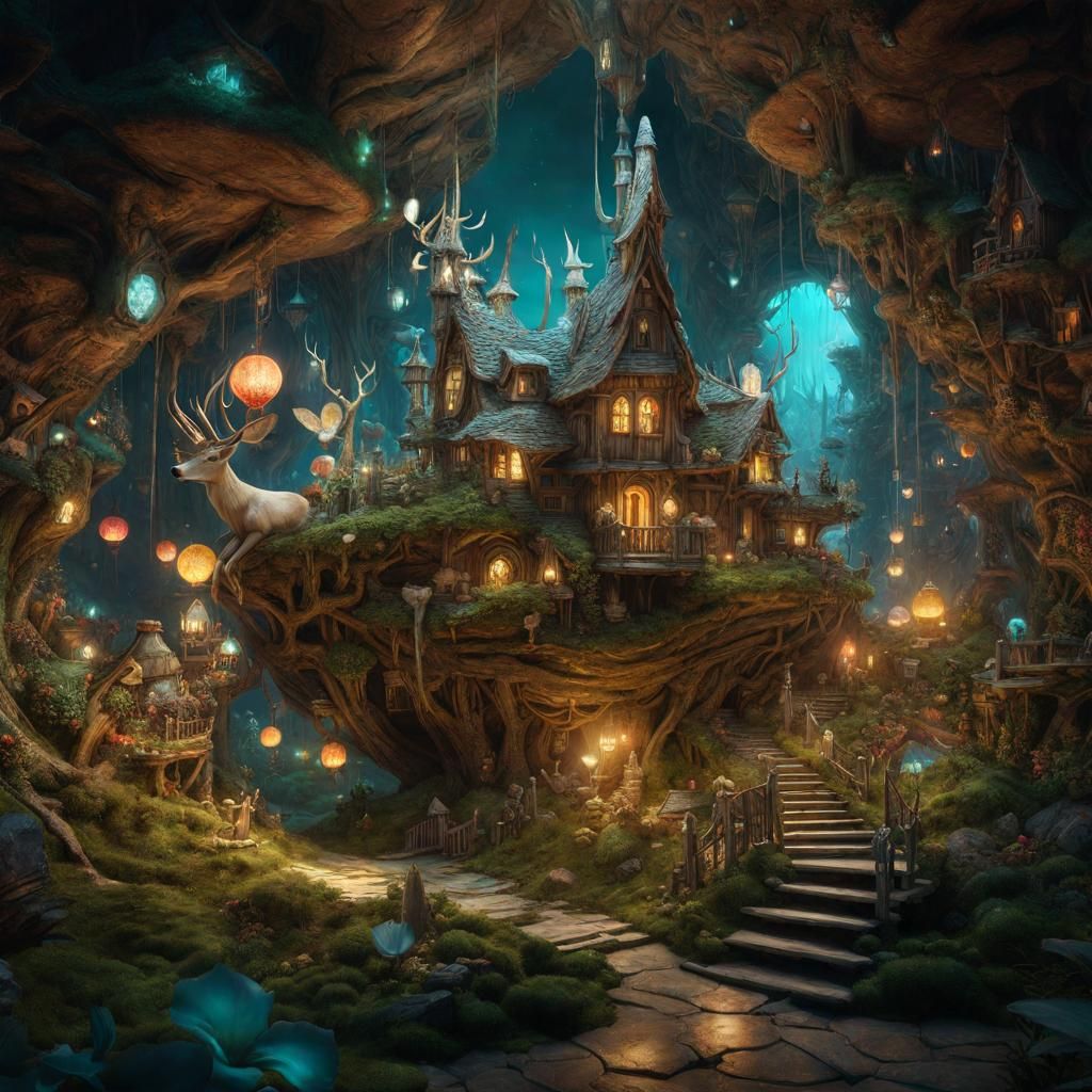 Enchanted Faerie Village Inside Glowing Skull