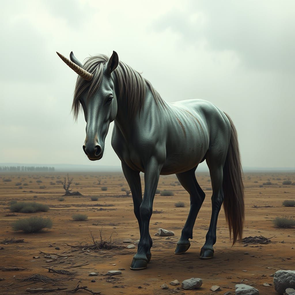 Emaciated Unicorn in Barren Landscape, Hyperrealistic Digita...