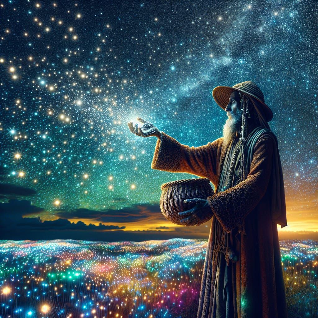 Wizard Collecting Stars: Hyperrealistic Illustration