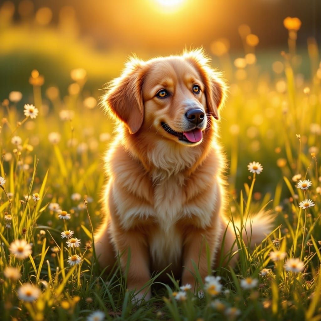 Golden Hour Dog in Sunlit Field with Daisies