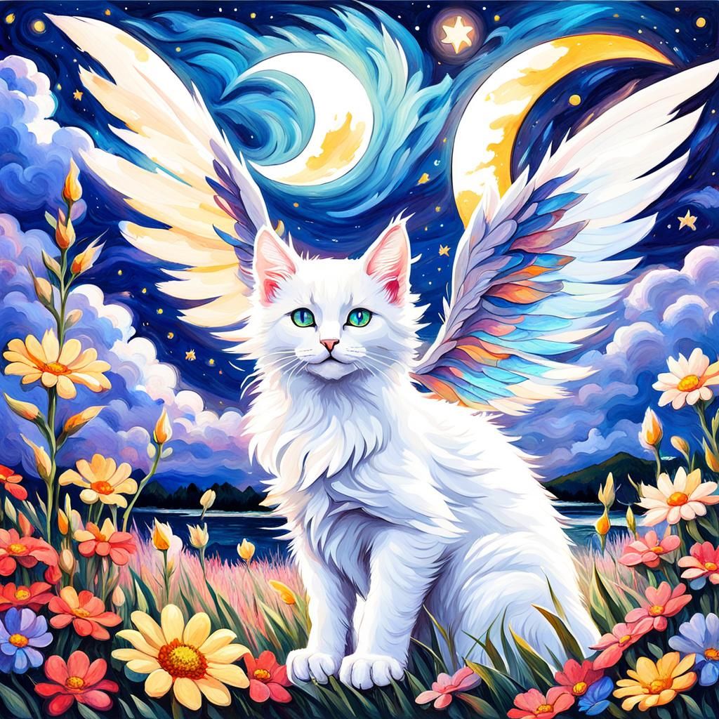 Winged Kitten in Floral Field: Gouache Impressionism