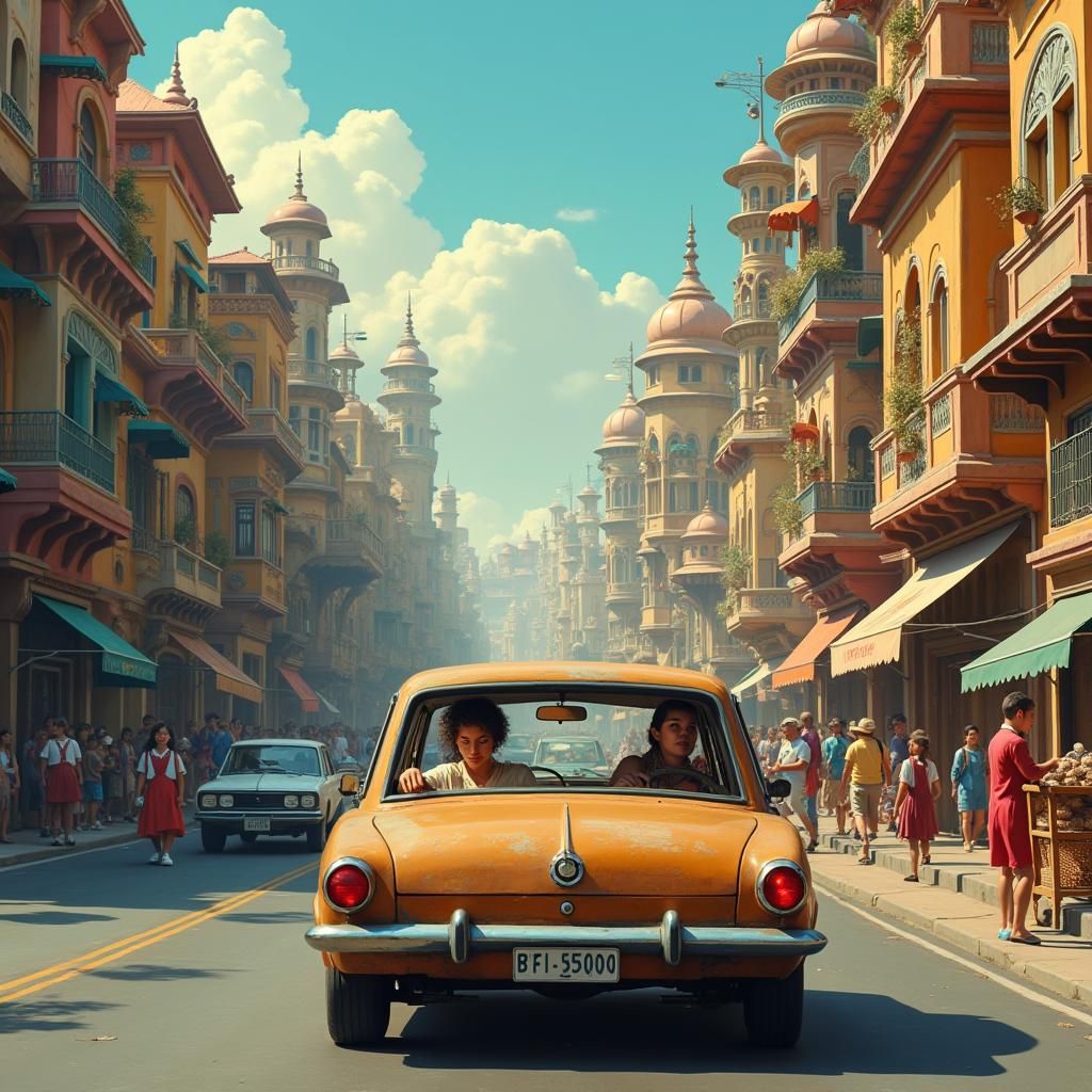 Mother's Hasty School Run in Dreamlike Cityscape