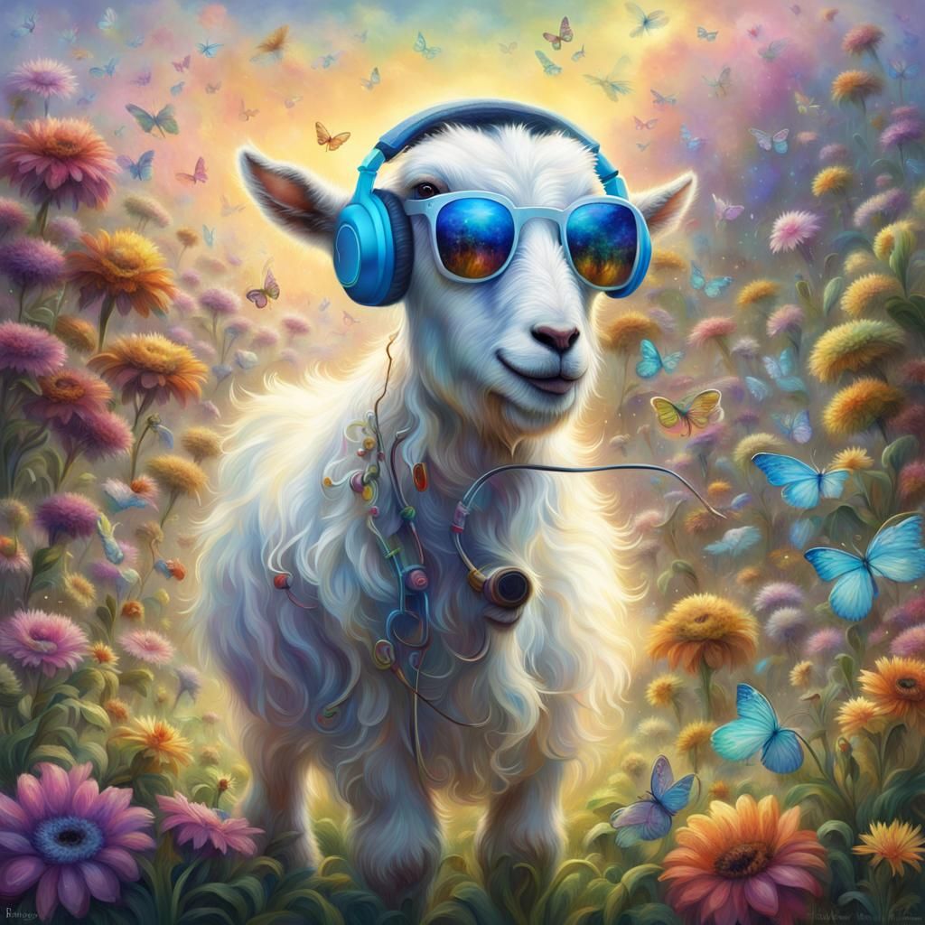 Cute Goat Listens to Music with Walkman