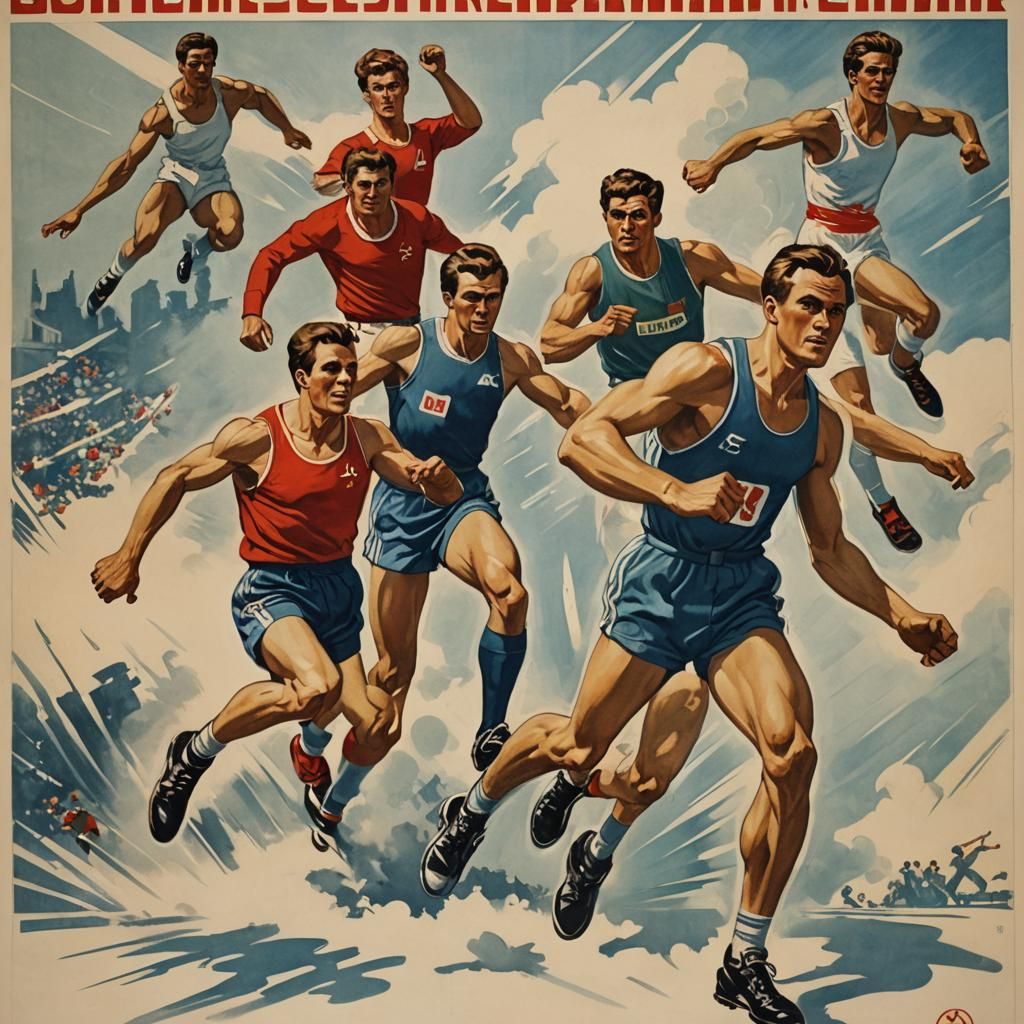 Classic Soviet Propaganda Poster Featuring Athletes