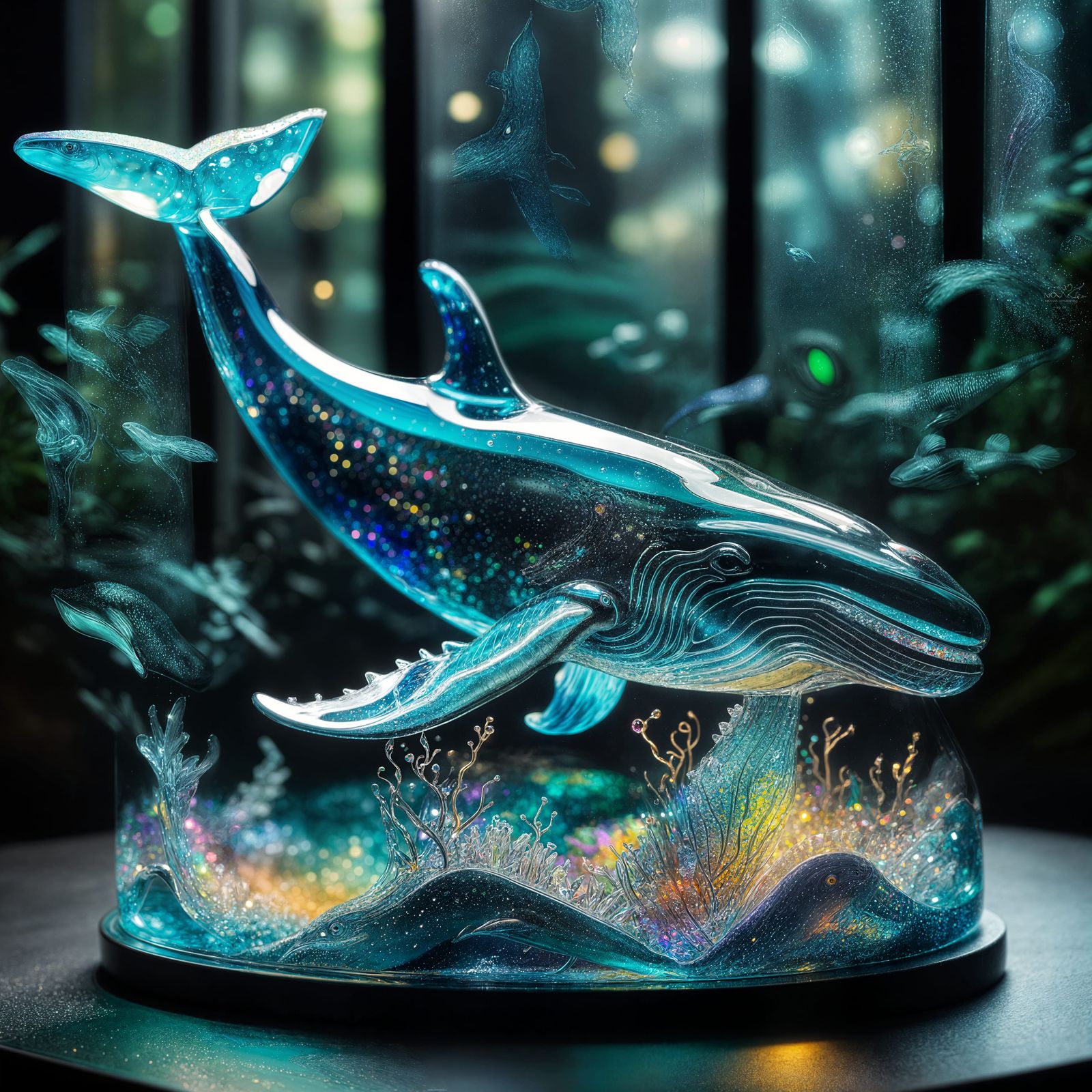 Bioluminescent Glass Whale Leaping from Crystal Ocean