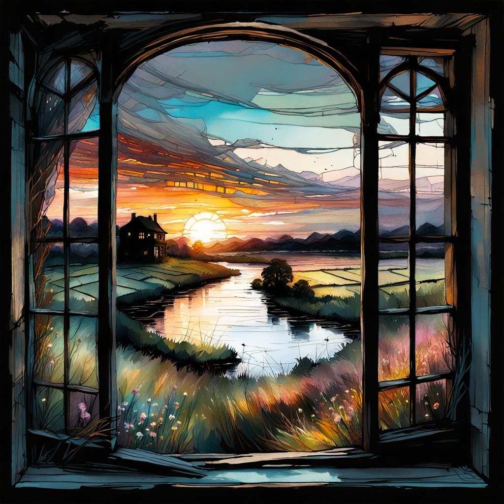 Impressionist Window Overlooks River in Meadow