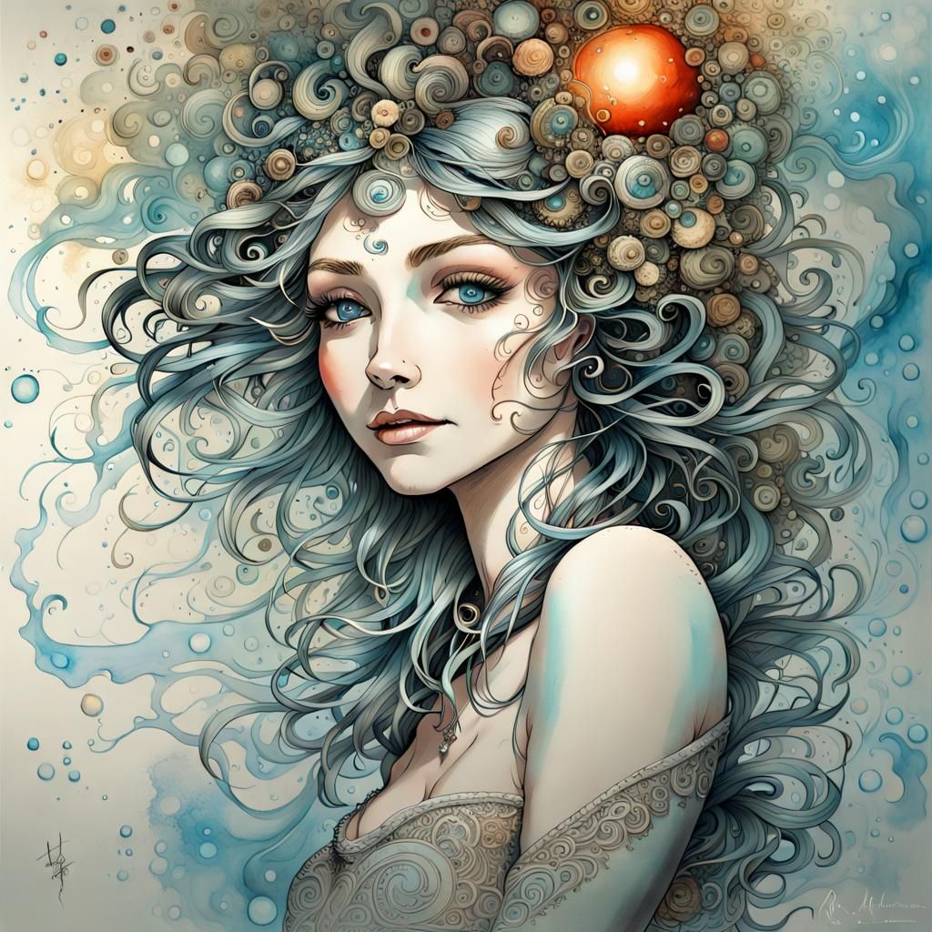 Smiling Goddess with Blue Eyes in Symbolist Style