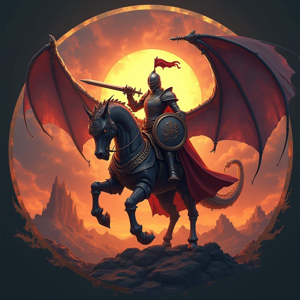 Heroic Knight Battles Dragon in Apocalyptic Landscape