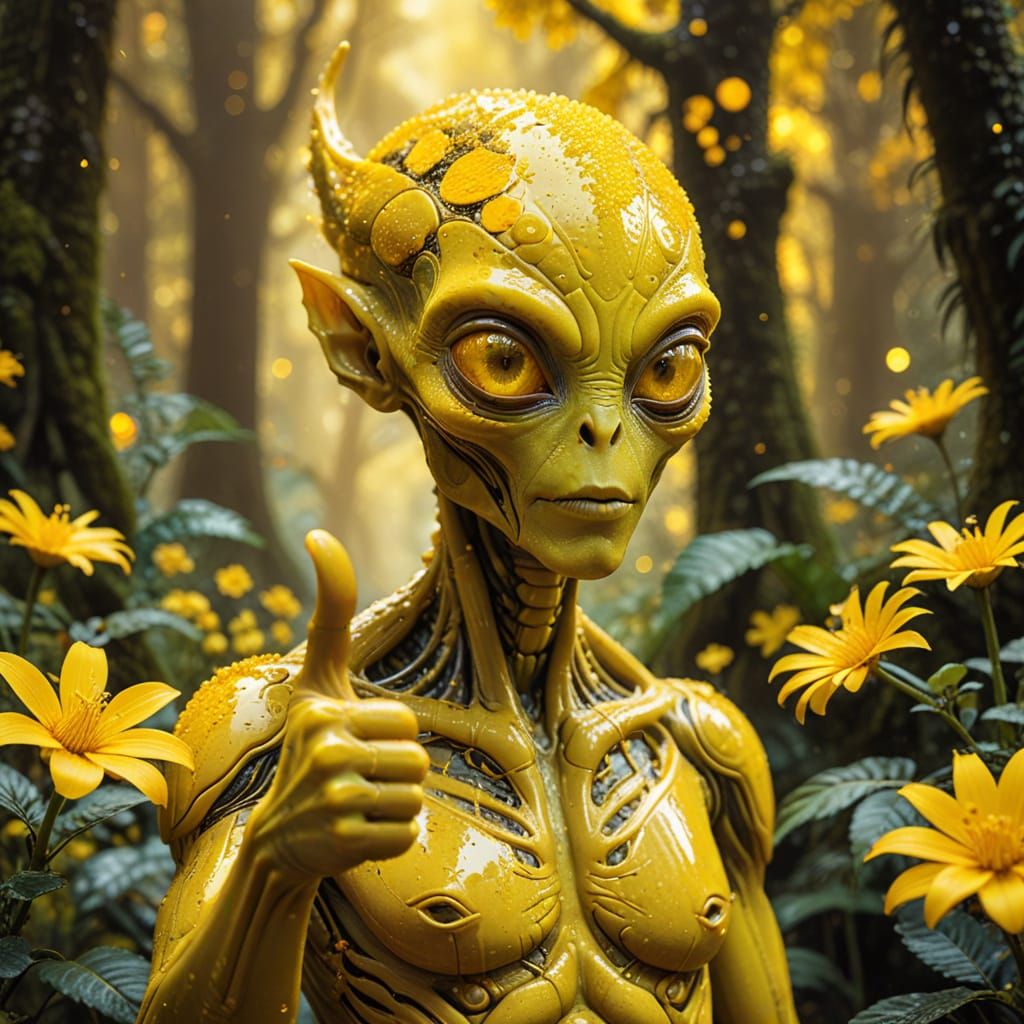 Minimalist Xenomorph Alien Gives Thumbs Up in Yellow Rainfor...