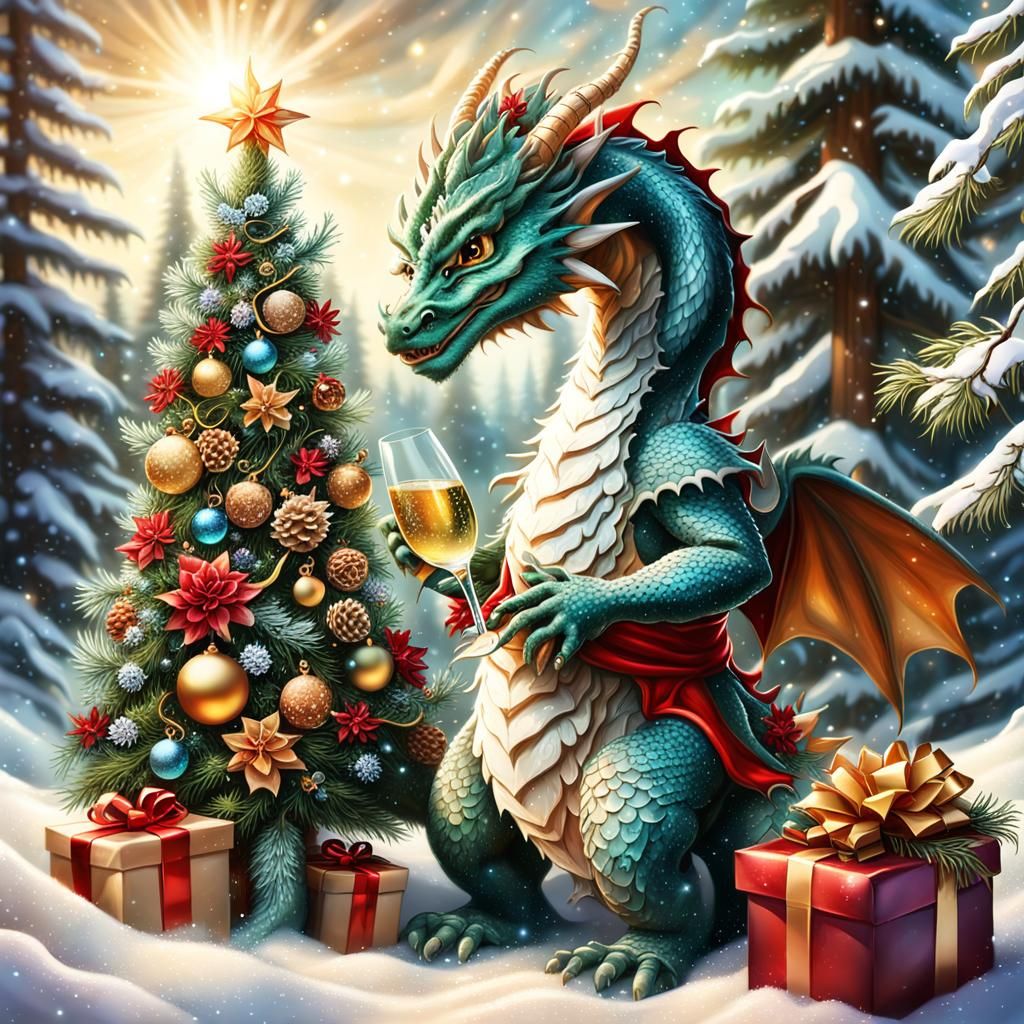 Baby Dragon and Santa Decorating Christmas Tree