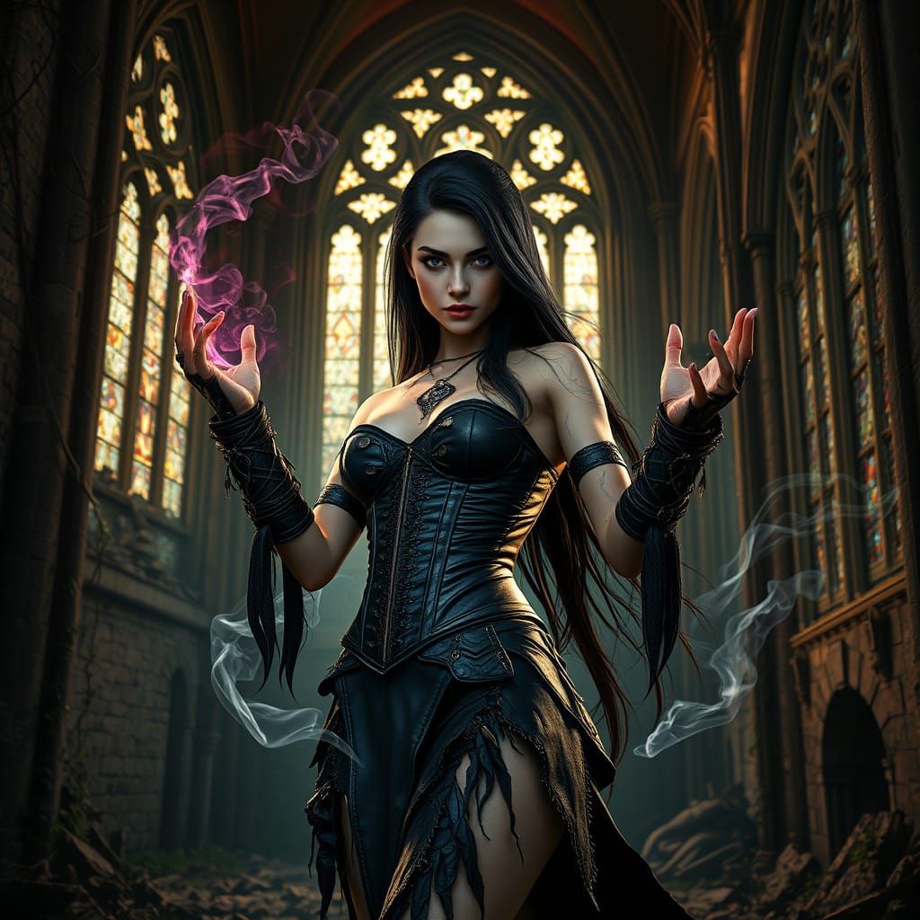 Dark Sorceress Unleashes Power in Gothic Cathedral