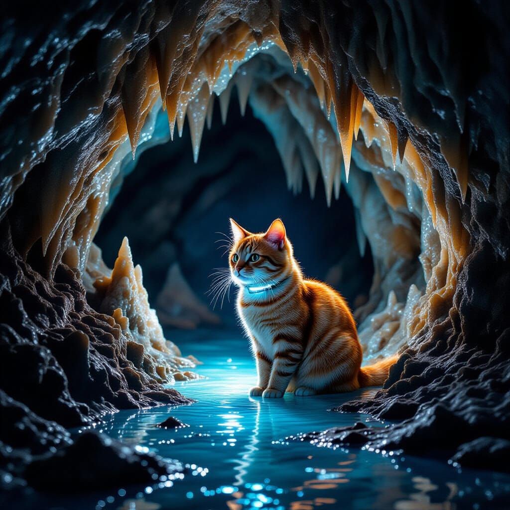 Tabby Cat in Luminescent Cavern, Chiaroscuro Lighting