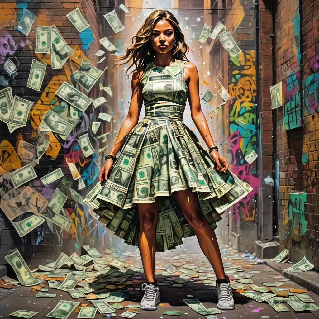 Graffiti Art of Dollar Bill Girl in Alleyway