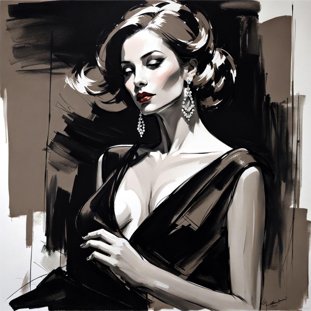 Woman in Red Gown: Charcoal Sketch Style