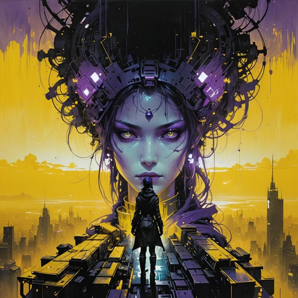 beautiful Cyberpunk, Stunning, dramatic, Yellow purple white...