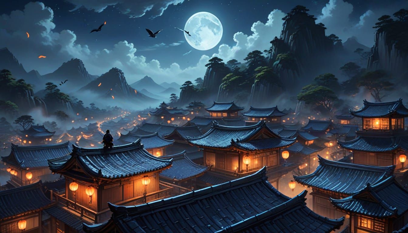 ninja bears sneaking on the rooftops of a wuxia village