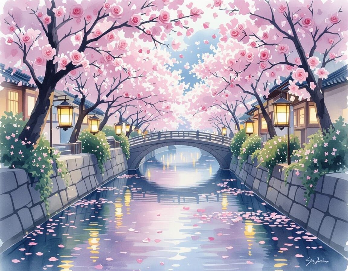 Kyoto Blossom Lanterns in Pastel Watercolour Style