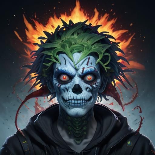 2024 Day of the Dead Zozobra zombie lizard Man with a red chilli pepper sombrero on neon blue fire with many small blue ...