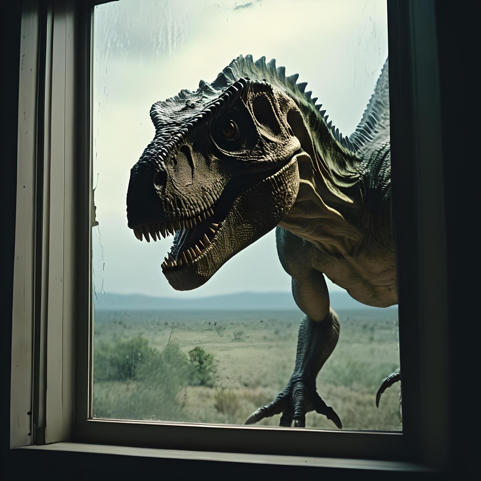 Dinosaur Arm Breaking Through Window in Cinematic Style