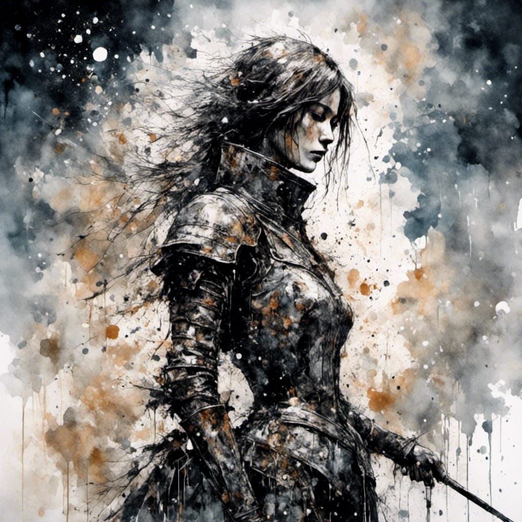 Futuristic Lady Knight in Watercolor Splash Art